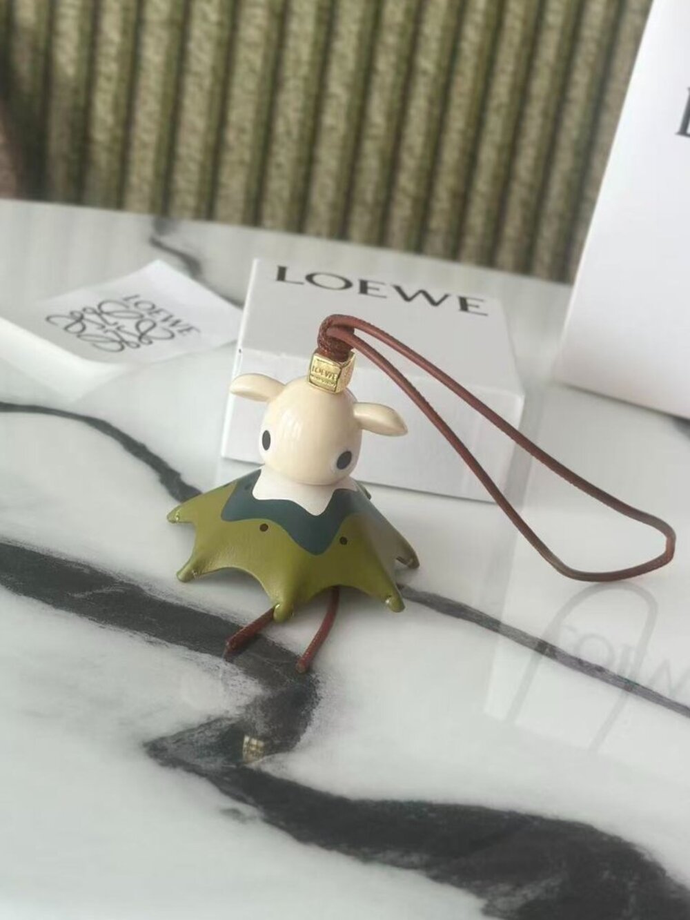 Loewe Green Camouflage Print Animal Bag Charm Cream Cartoon Creature Leather Key